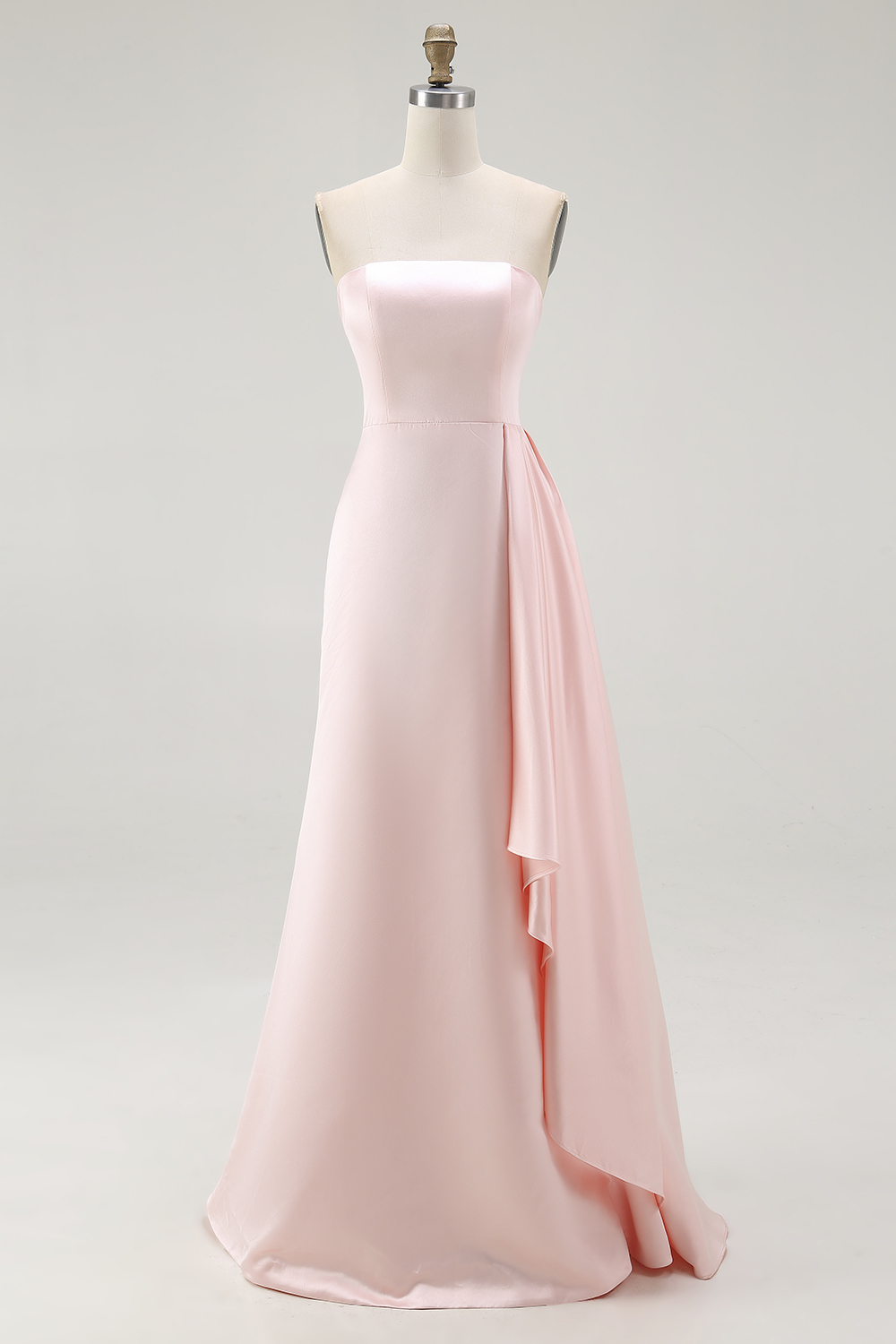 Pink Strapless Ruffled Sheath Long Satin Prom Dress