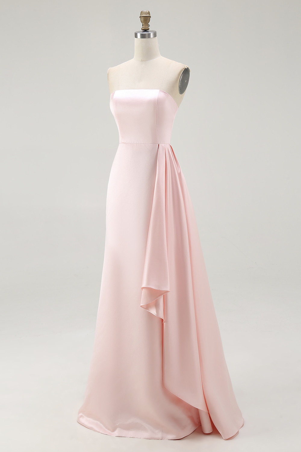 Pink Strapless Ruffled Sheath Long Satin Prom Dress