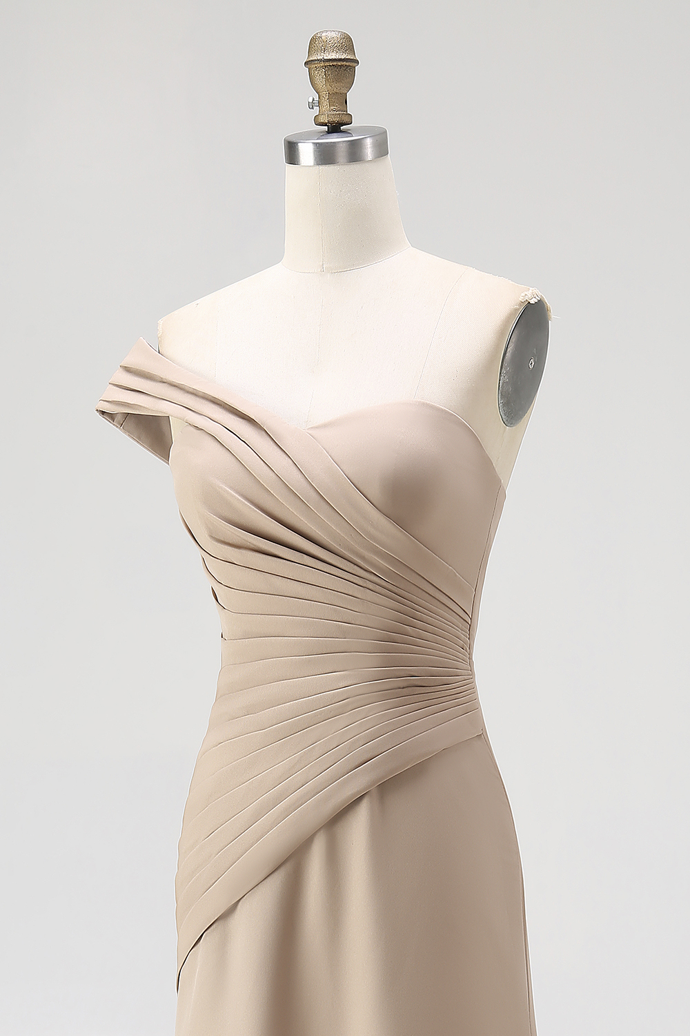 Light Khaki Ruched One Shoulder Sheath Long Satin Gala Dress