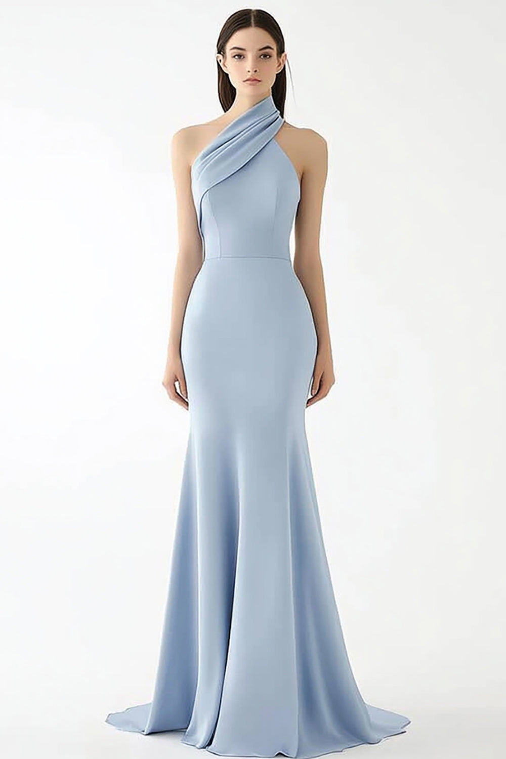 Sheath Light Blue Halter Crepe Floor Length Gala Dress