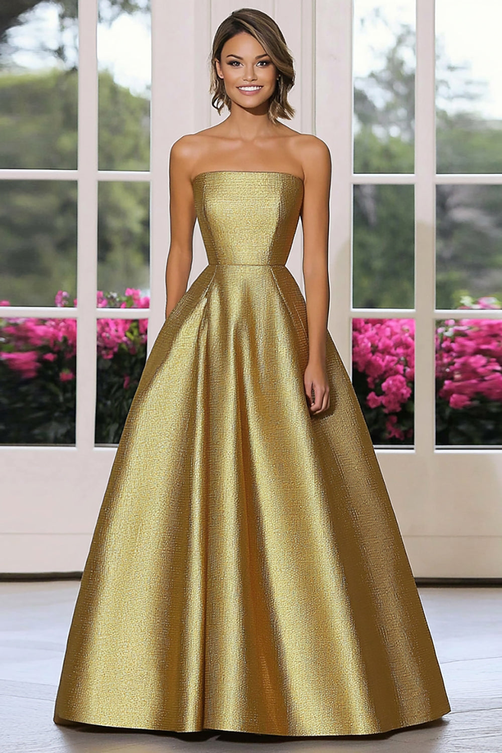 Strapless Metallic Gold Satin Ball Gown Long Gala Dress