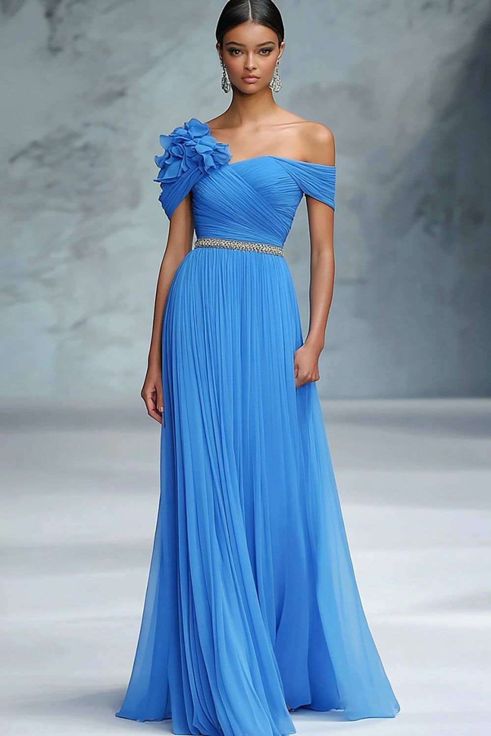 Blue A Line Chiffon Off the Shoulder Ruffled Long Gala Dress
