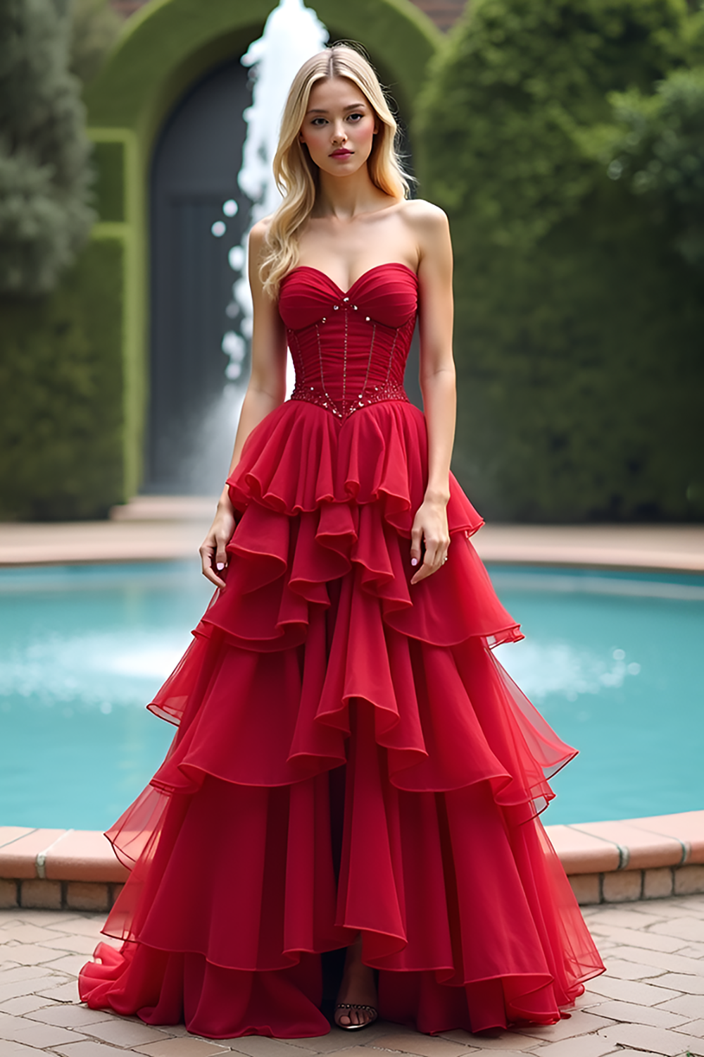 Sparkly Corset Red A Line Tiered Long Tulle Prom Dress