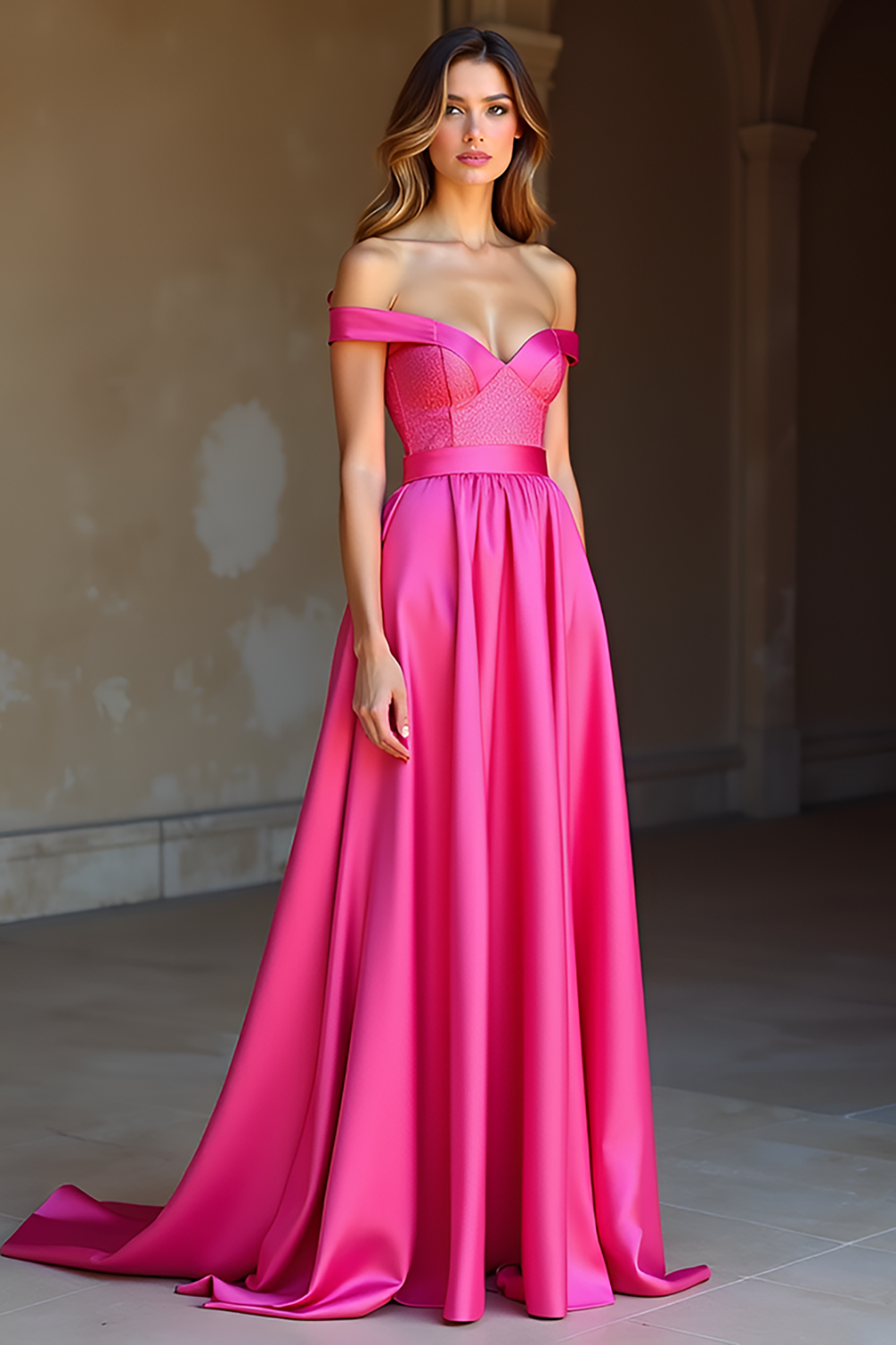 Off the Shoulder A Line Fuchsia Long Satin Prom Dress