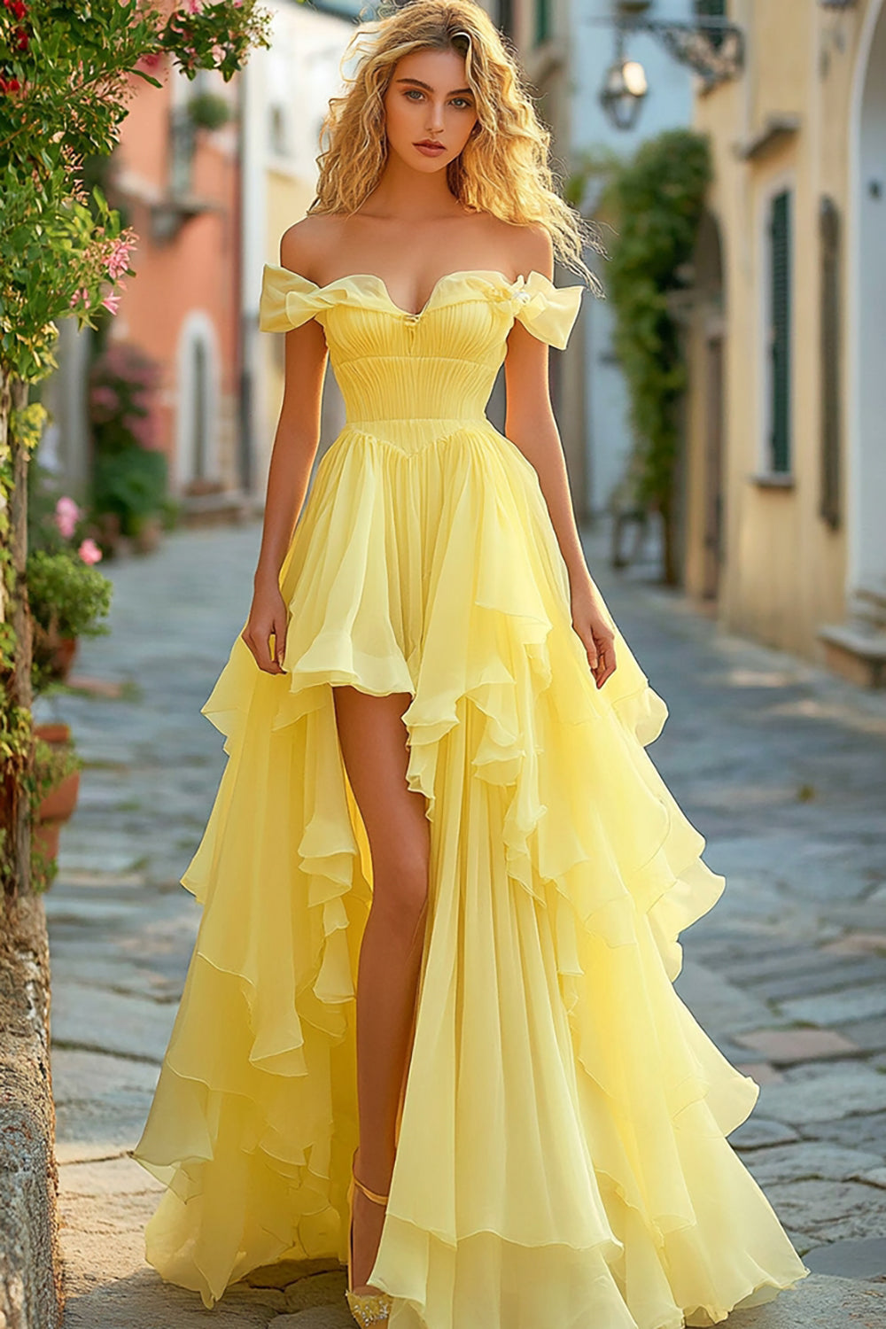 Yellow Tiered Off the Shoulder A Line Long Asymmetrical Prom Dress