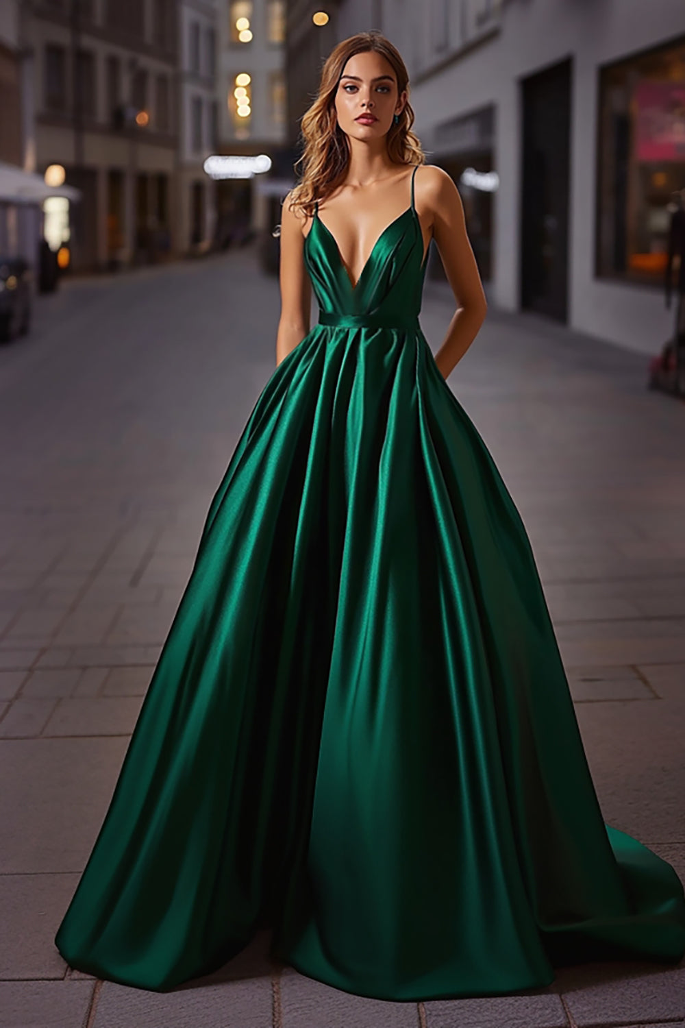 Dark Green A Line V-Neck Long Satin Prom Dress