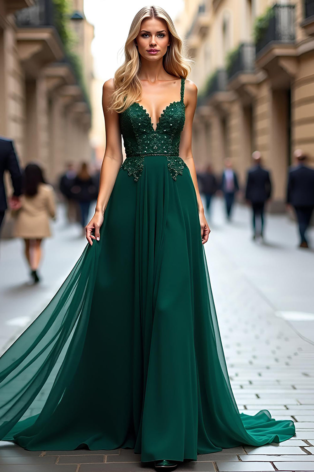 Dark Green A Line Tulle Spaghetti Straps Corset Prom Dress with Lace Appliques