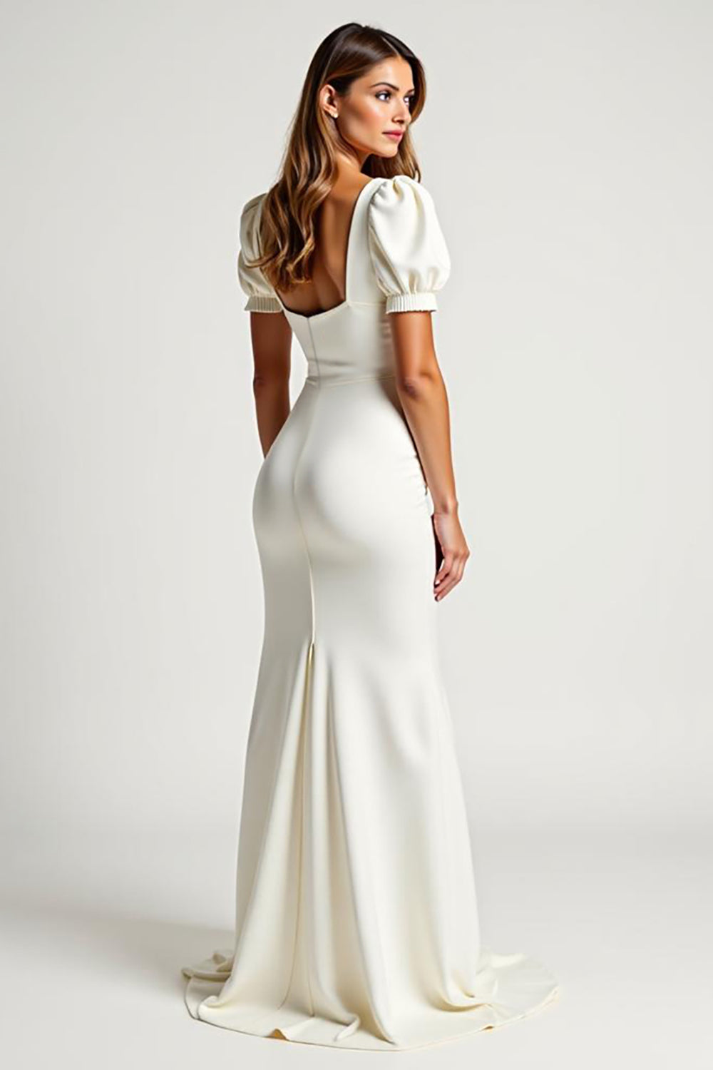 Elegant Ivory Mermaid Satin Long Rehearsal Dinner Dress with Puff Sleeves