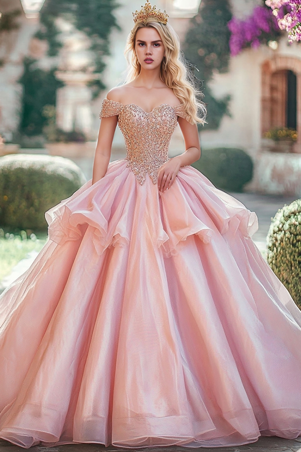 Sparkly Blush Off the Shoulder Princess Tulle Quinceanera Dress with Beading