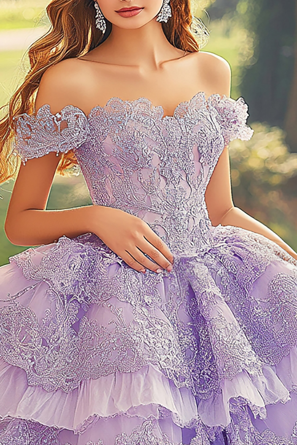 Lilac Off the Shoulder Ball Gown Tulle Tiered Quinceanera Dress with Appliques
