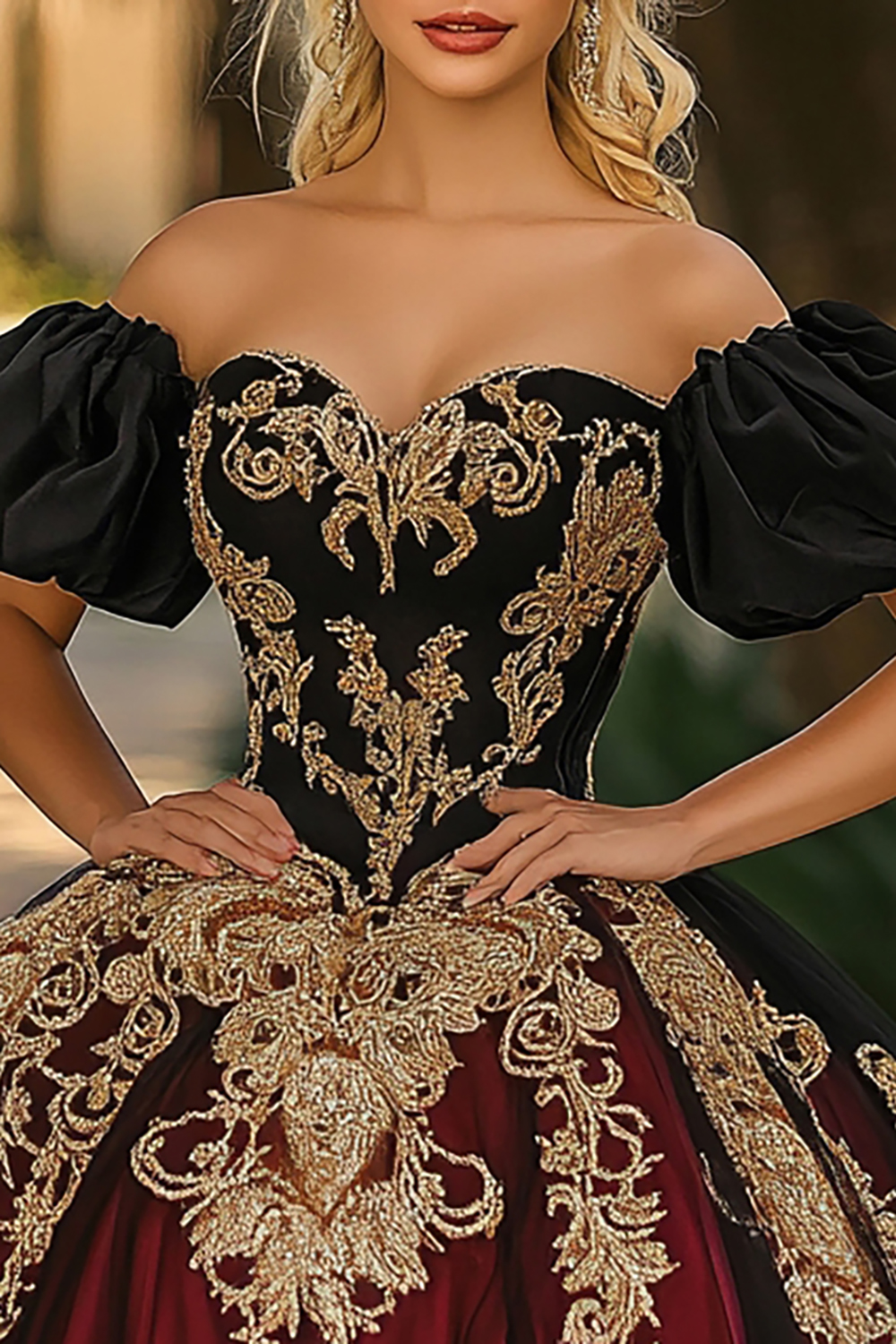 Black and Burgundy Off the Shoulder Ball Gown Organza Quinceanera Dress with Appliques