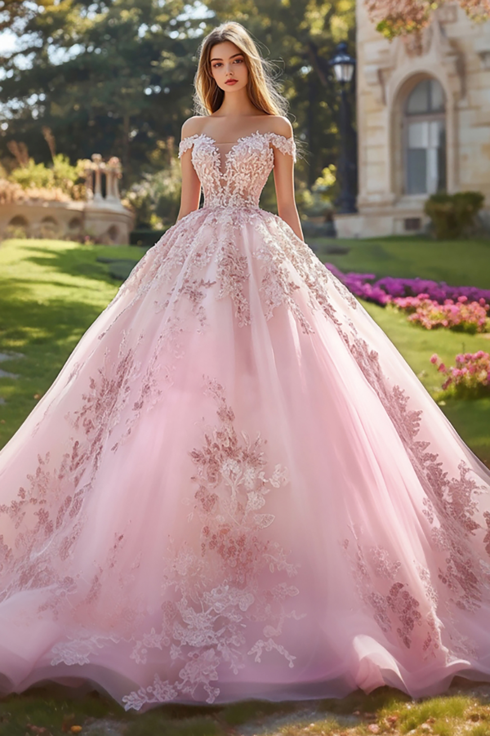 Stylish Blush Off the Shoulder Princess Tulle Quinceanera Dress with Appliques