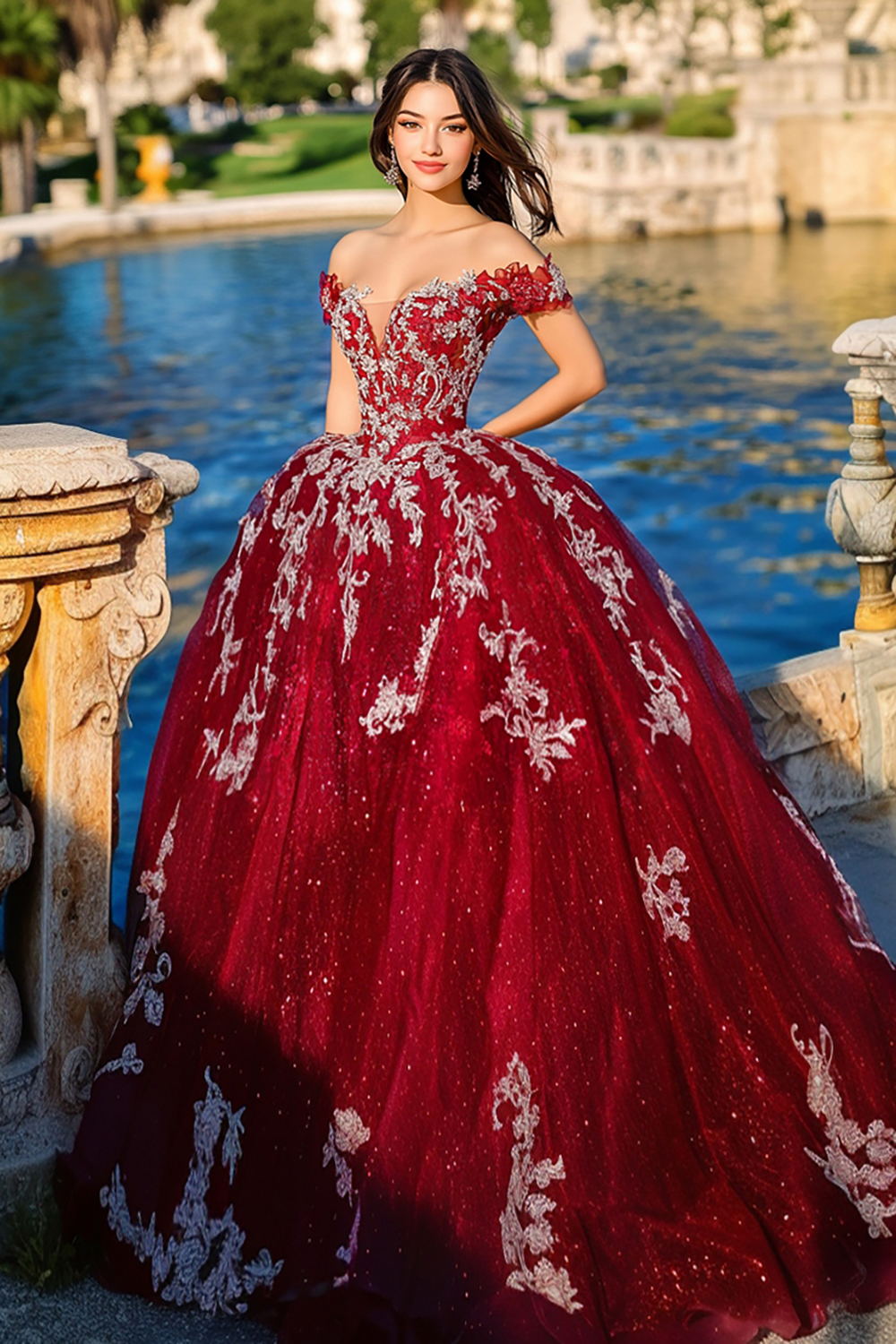 Burgundy Off the Shoulder Ball Gown Tulle Quinceanera Dress with Appliques
