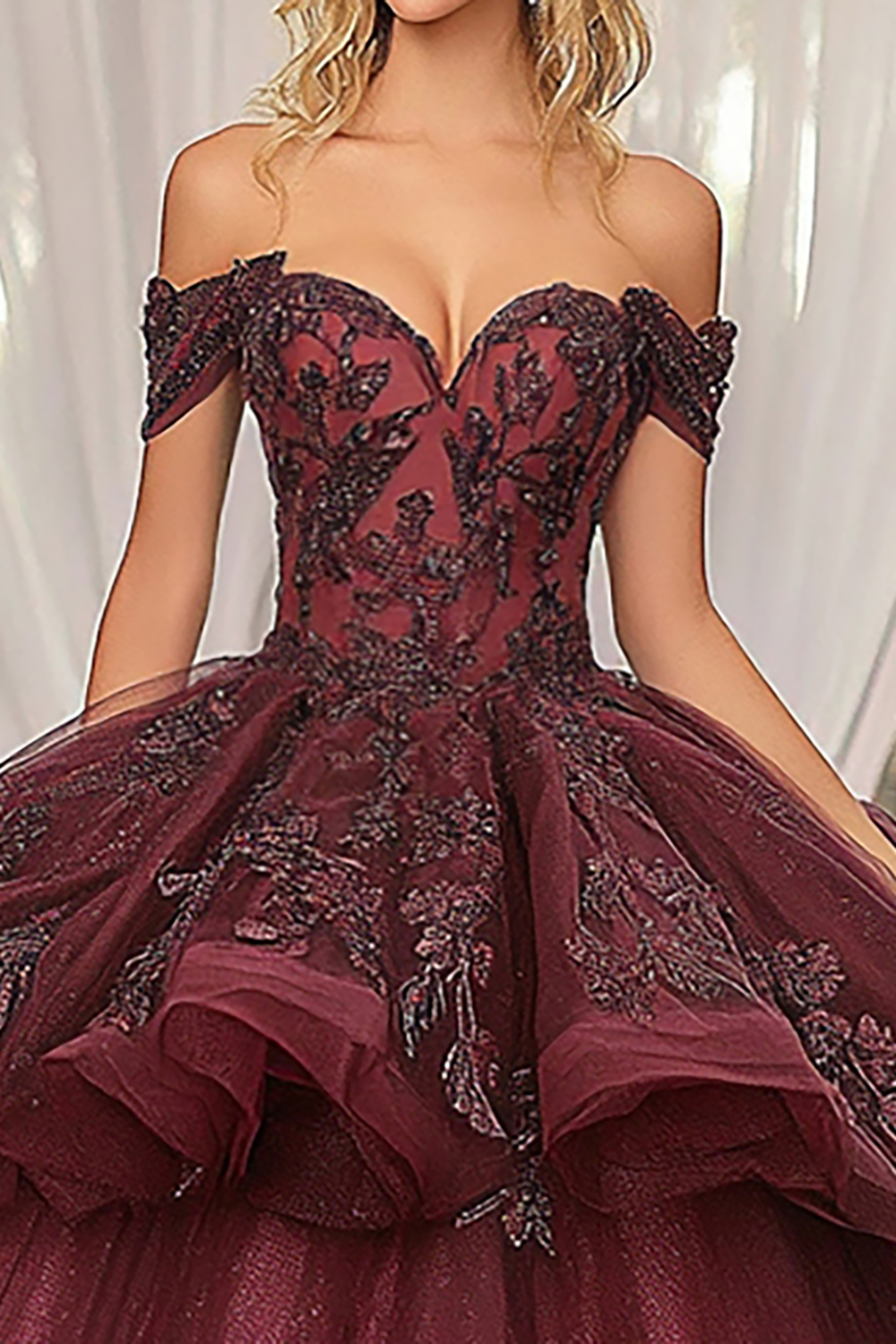 Burgundy Ball Gown Off the Shoulder Tulle Applique Quinceanera Dress 