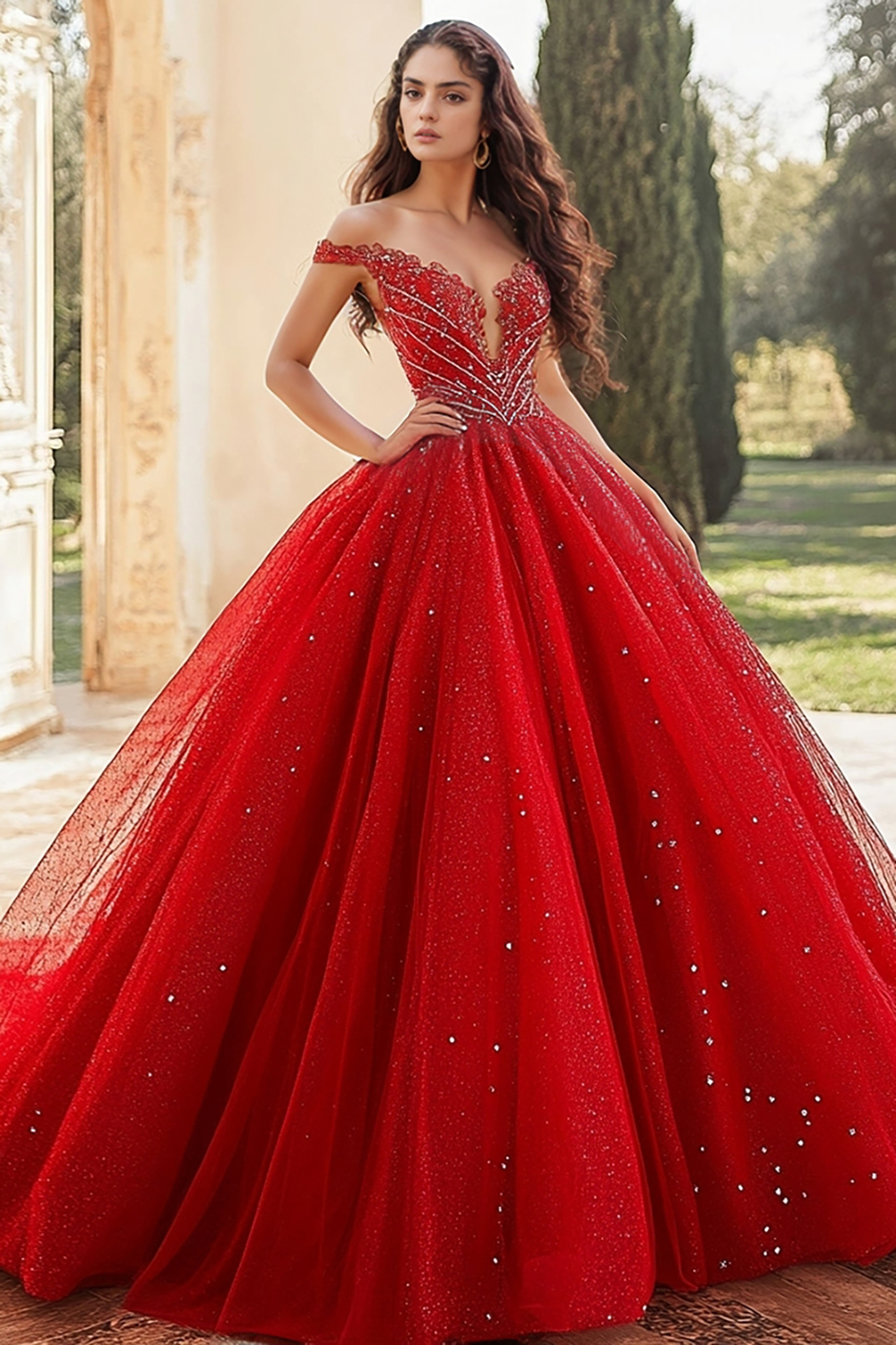 Graceful Red Off The Shoulder Princess Tulle  Quinceanera Dress With Beading