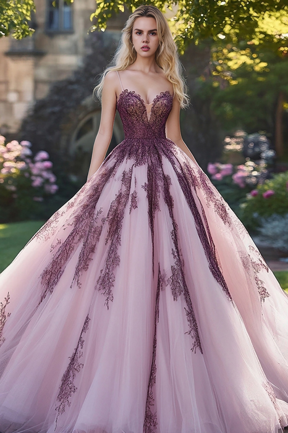 Graceful Grey Pink Sweetheart Princess Tulle Lace Appliques Quinceanera Dress