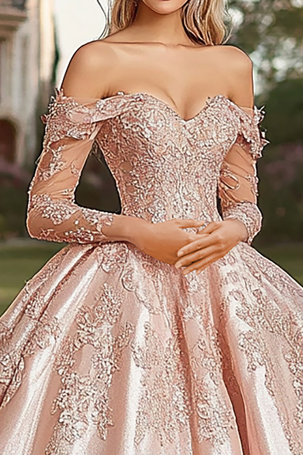 Elegant Blush Strapless Long Sleeve Sweetheart Satin Lace Appliques Princess  Quinceanera Dress