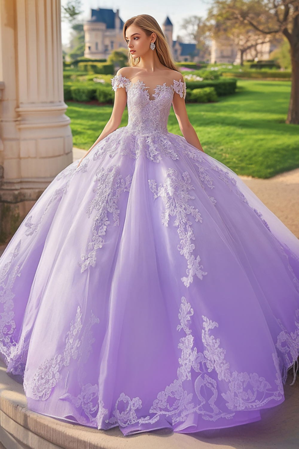Lilac Off the Shoulder Ball Gown Tulle and Lace Applqiued Quinceanera Dress