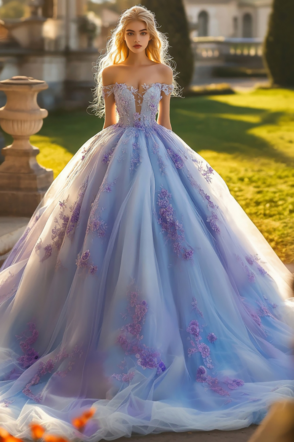 Lavender Off the Shoulder Ball Gown Tulle Quinceanera Dress with Appliques