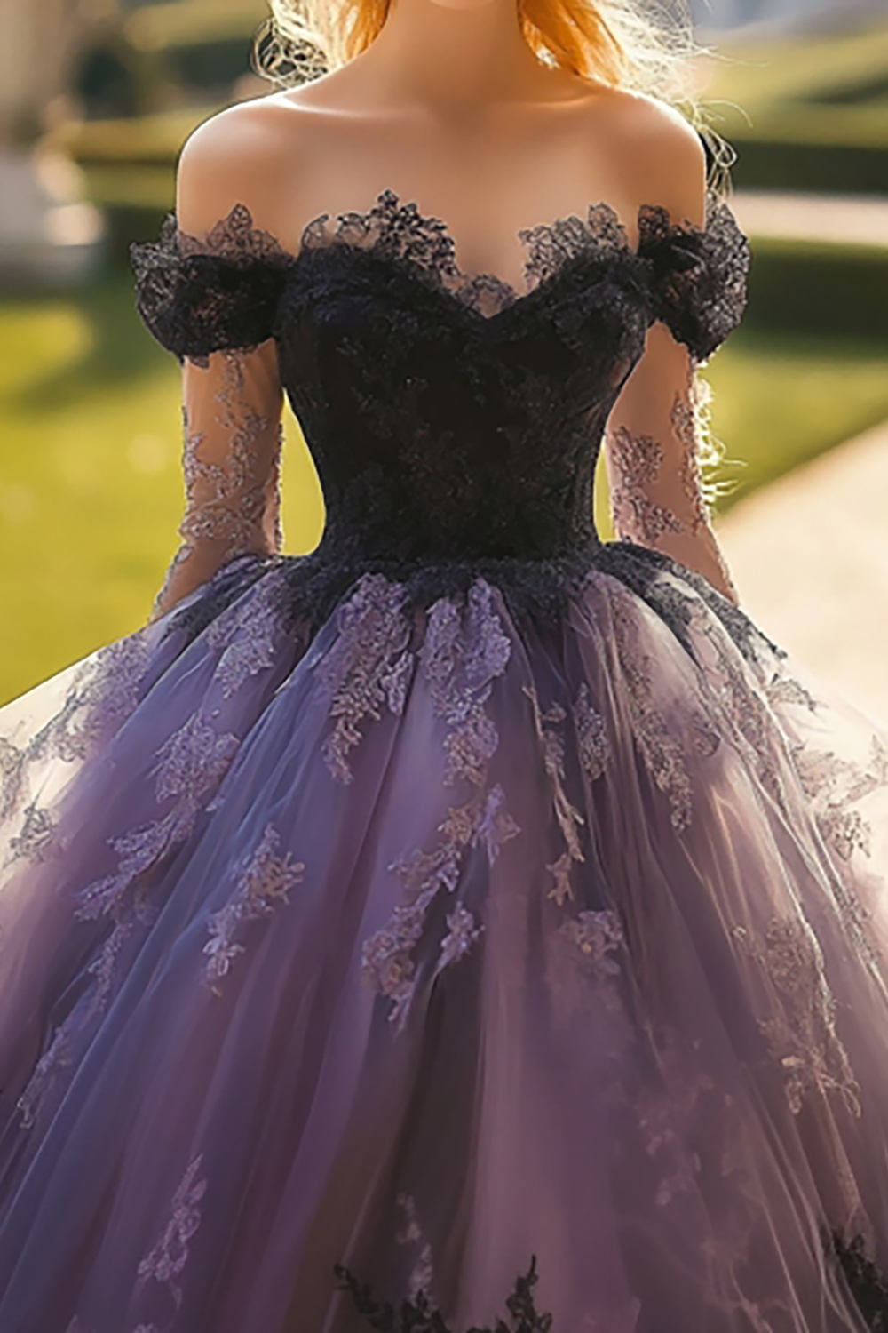 Black Off the Shoulder Long Sleeves Ball Gown Tulle Appliqued Quinceanera Dress 