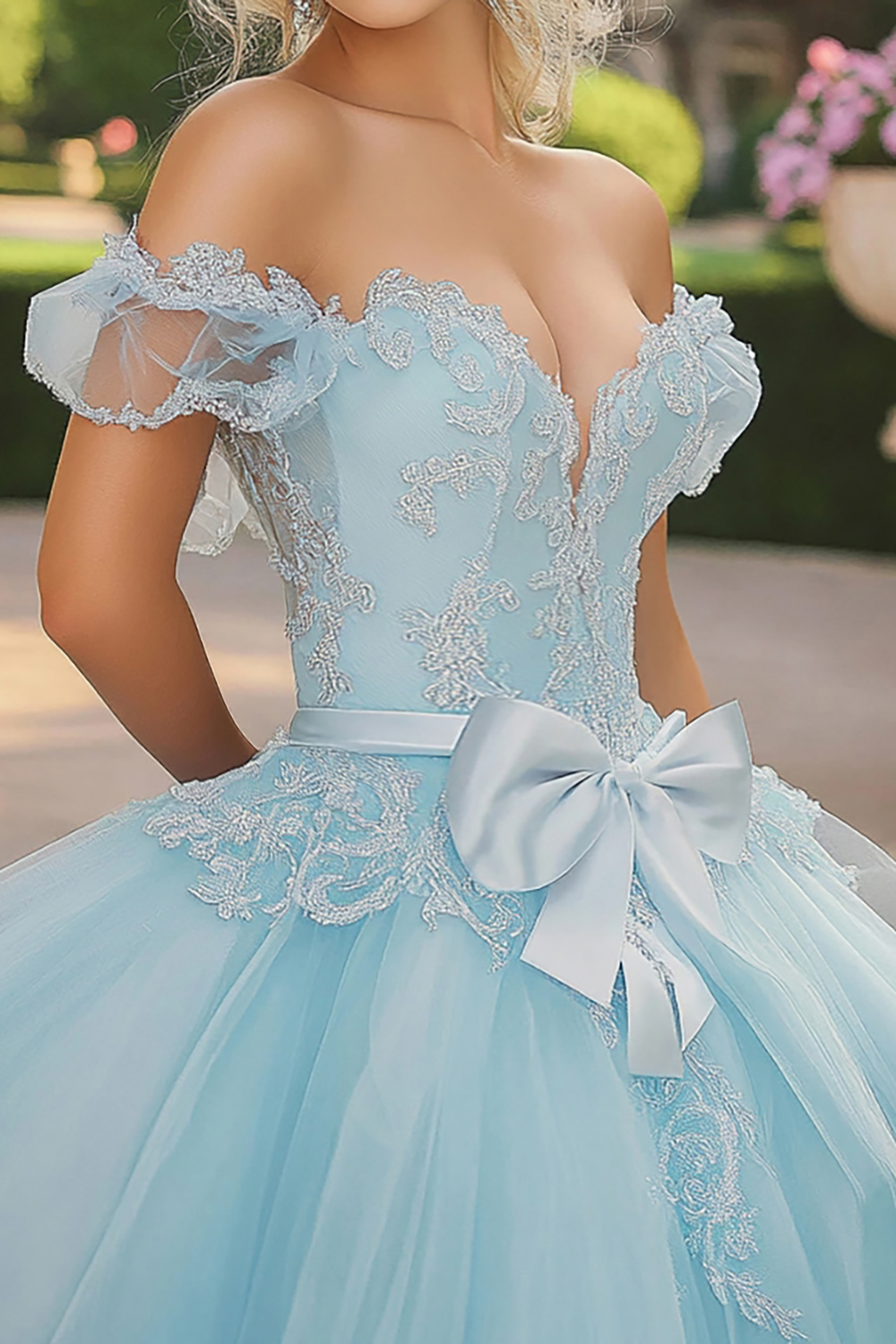 Sky Blue Off the Shoulder Puff Sleeves Ball Gown Tulle Appliqued Quinceanera Dress 