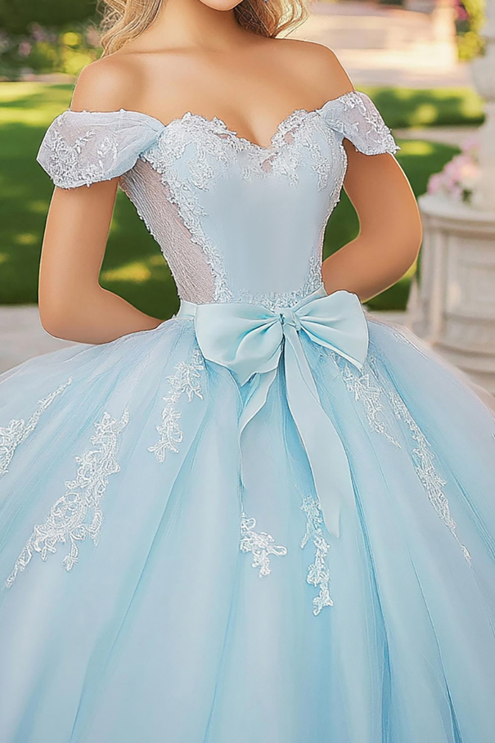 Sky Blue Off the Shoulder Ball Gown Tulle Appliqued Quinceanera Dress with Bow