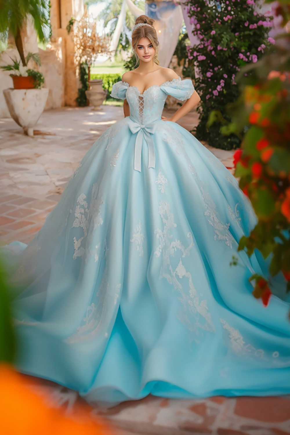 Elegant Sky Blue Off the Shoulder Ball Gown Tulle Quinceanera Dress with Appliques