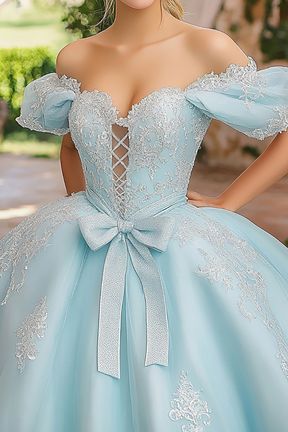 Elegant Sky Blue Off the Shoulder Ball Gown Tulle Quinceanera Dress with Appliques