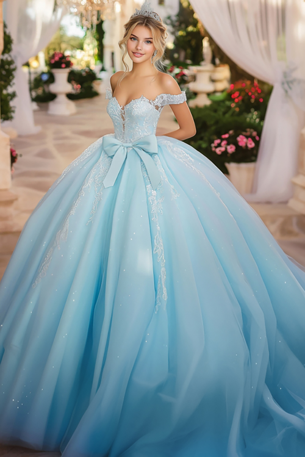 Chic Sky Blue Off the Shoulder Ball Gown Tulle Quinceanera Dress with Appliques