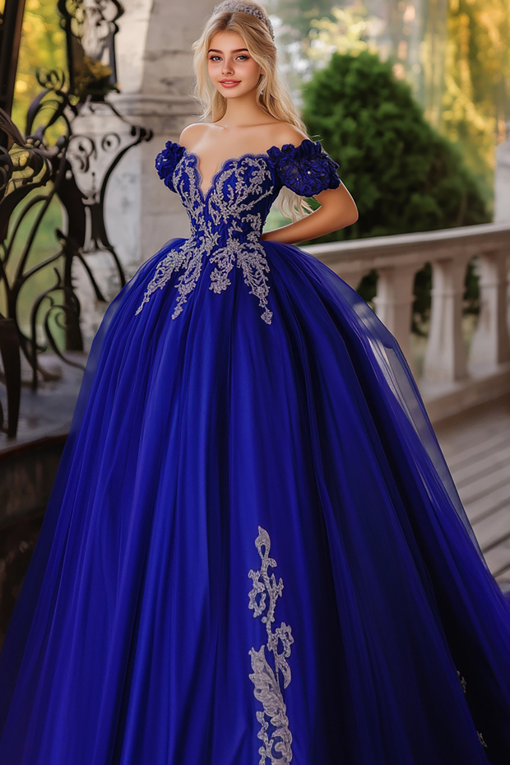 Royal Blue Off the Shoulder Ball Gown Tulle Applique Quinceanera Dress