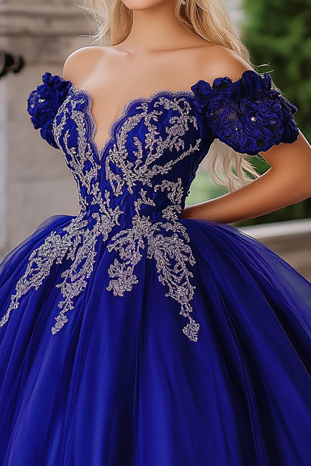 Royal Blue Off the Shoulder Ball Gown Tulle Applique Quinceanera Dress