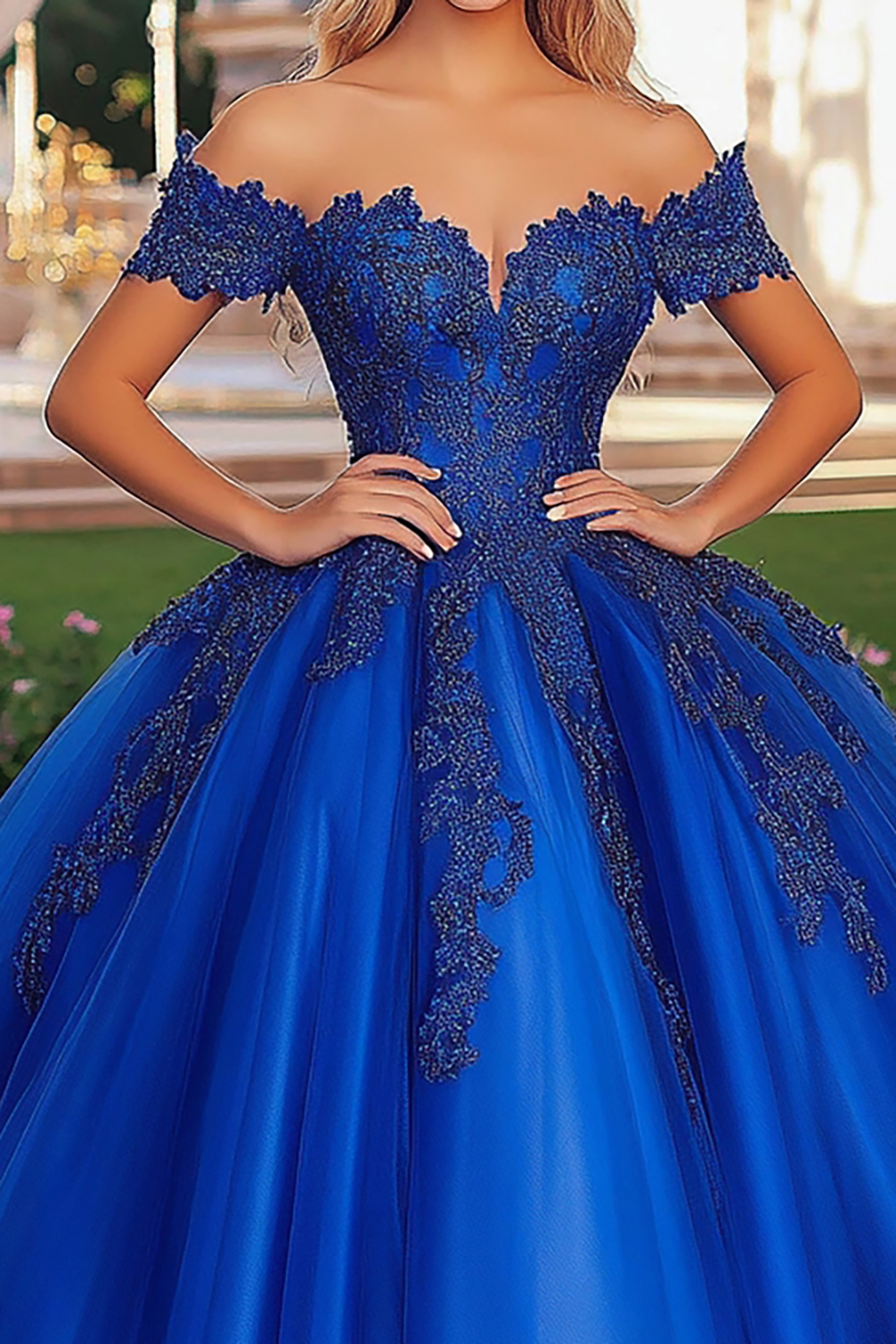 Stylish Royal Blue Off the Shoulder Ball Gown Tulle Applique Quinceanera Dress