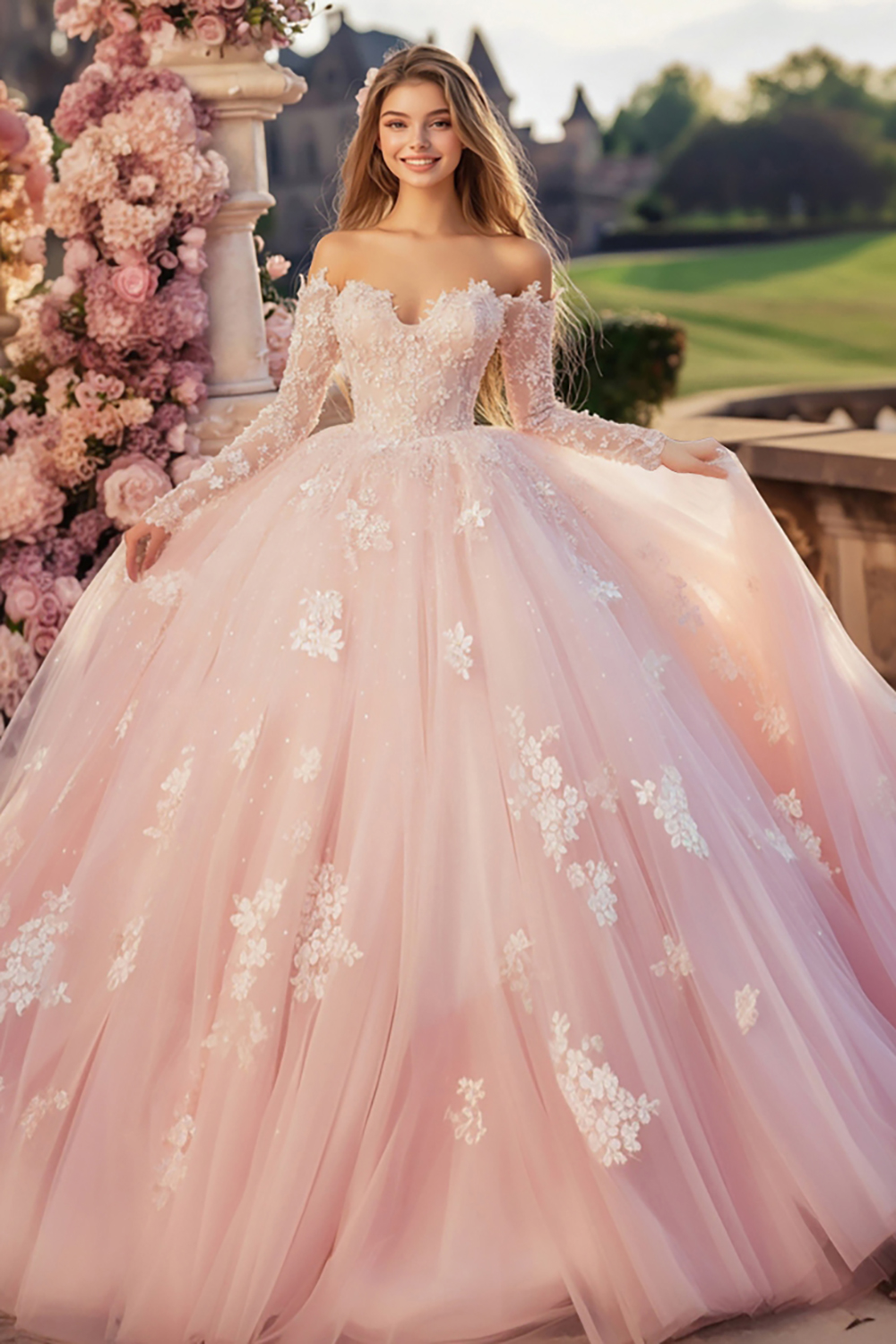 Pink Off the Shoulder Long Sleeves Ball Gown Tulle Applique Quinceanera Dress