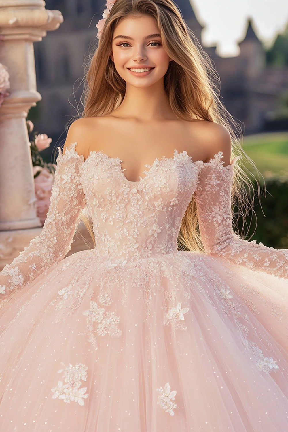 Pink Off the Shoulder Long Sleeves Ball Gown Tulle Applique Quinceanera Dress