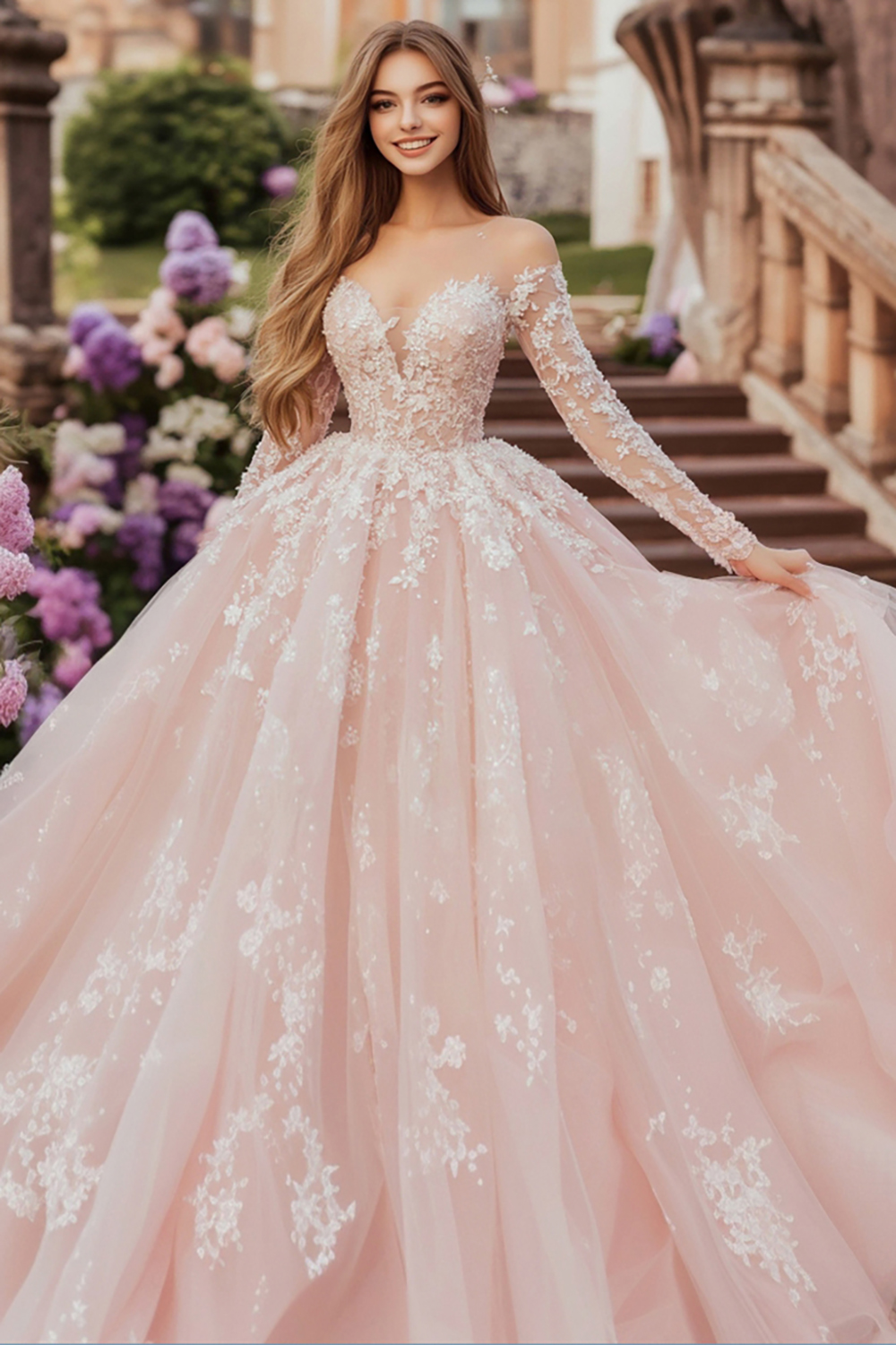 Elegant Pink Off the Shoulder Long Sleeves Ball Gown Tulle Applique Quinceanera Dress