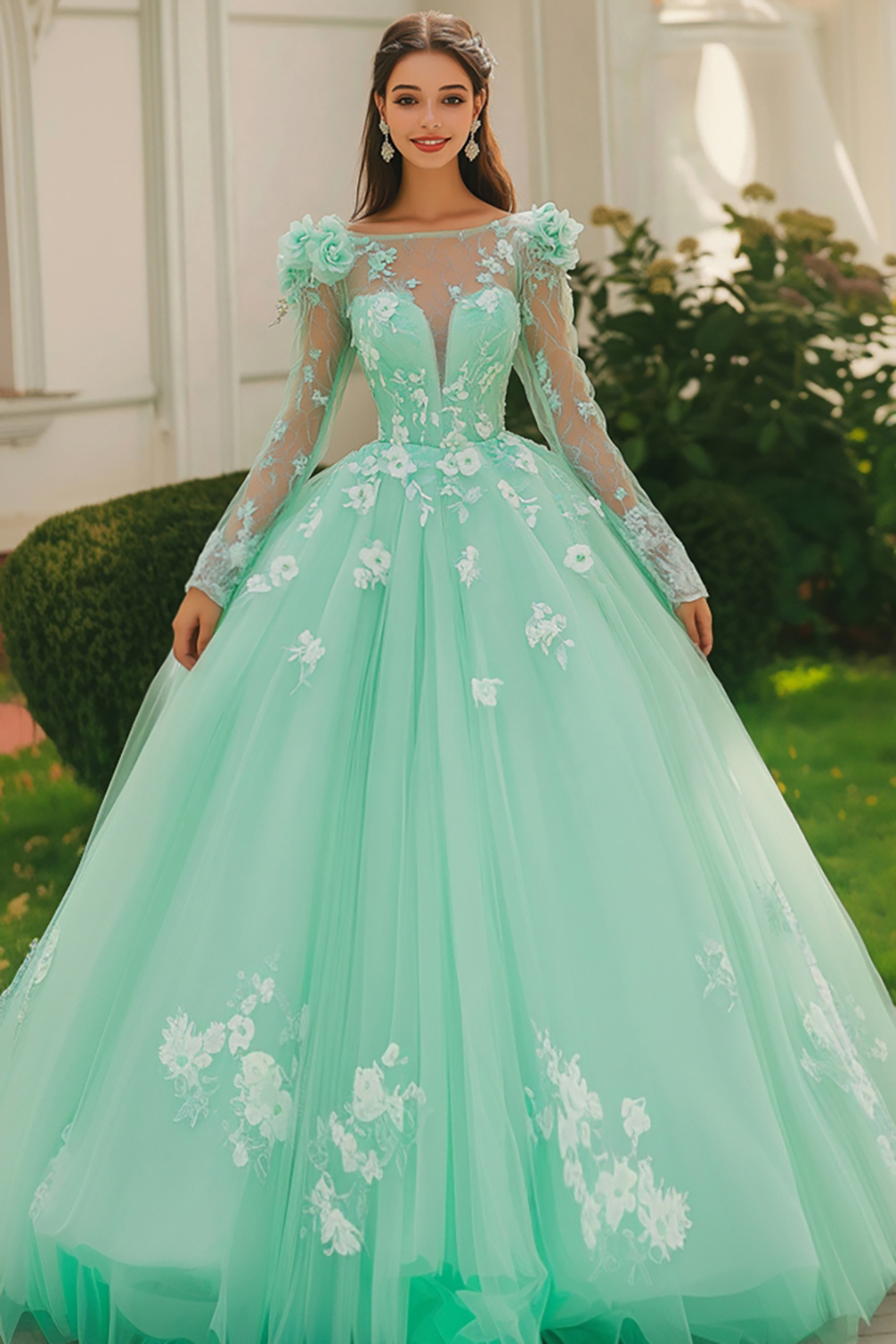 Mint Green Illusion Neckline Long Sleeves Ball Gown Tulle Quinceanera Dress with Appliques 