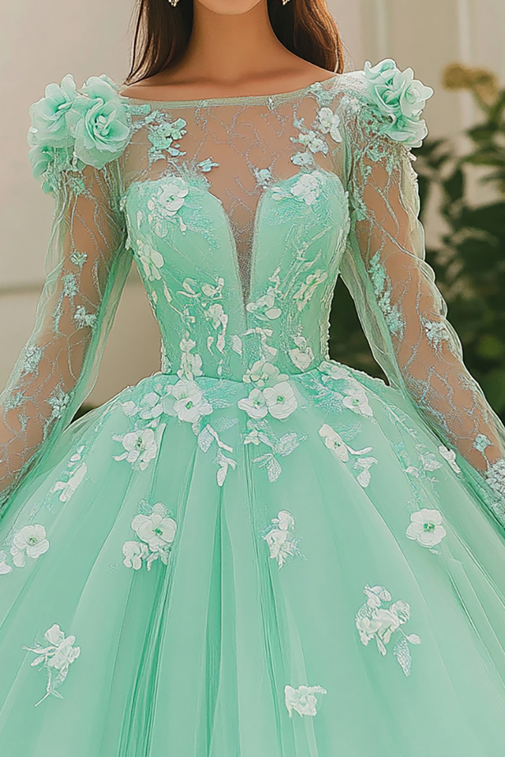Mint Green Illusion Neckline Long Sleeves Ball Gown Tulle Quinceanera Dress with Appliques 