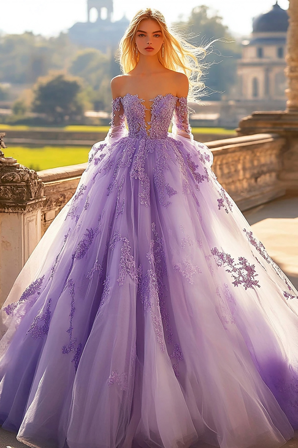 Chic Lilac Off the Shoulder Long Sleeves Ball Gown Tulle Applique Quinceanera Dress 