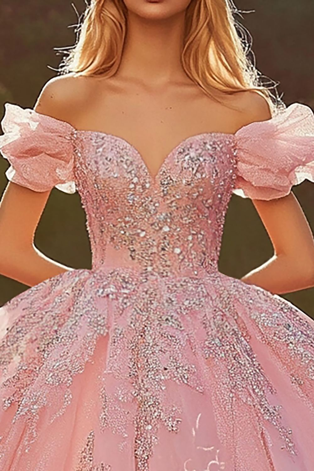 Glitter Pink Off the Shoulder Ball Gown Tulle Applique Quinceanera Dress 