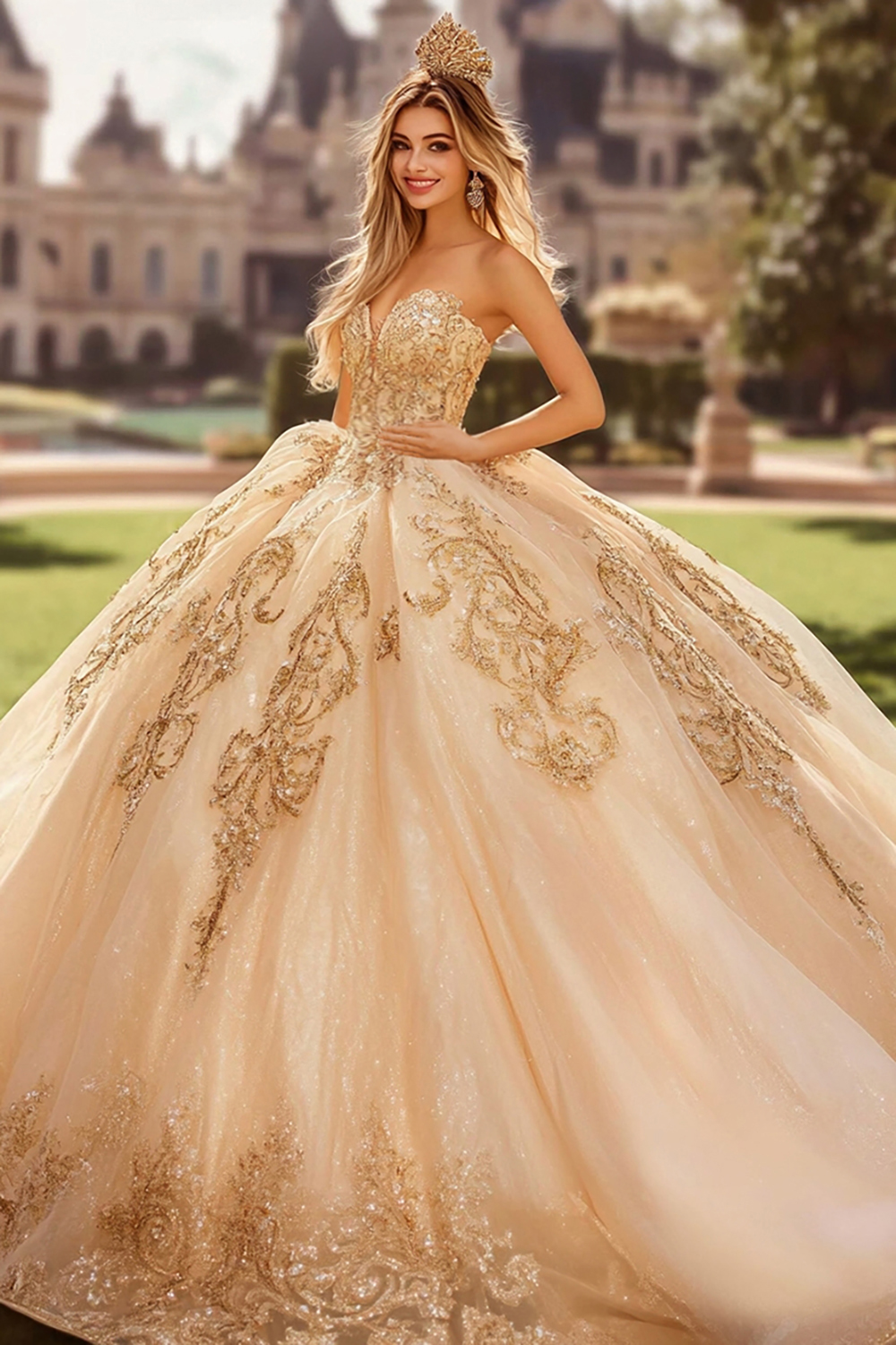 Glitter Champagne Sweetheart Ball Gown Tulle Applique Quinceanera Dress 