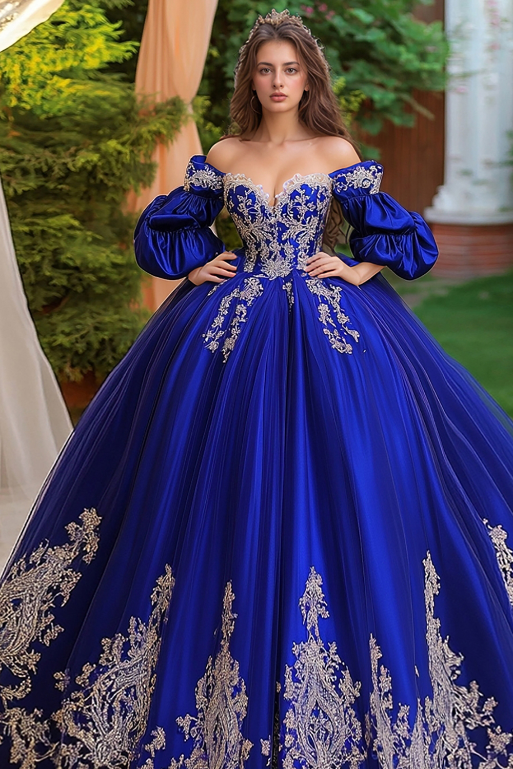 Royal Blue Off the Shoulder Long Sleeves Ball Gown Tulle Applique Quinceanera Dress 