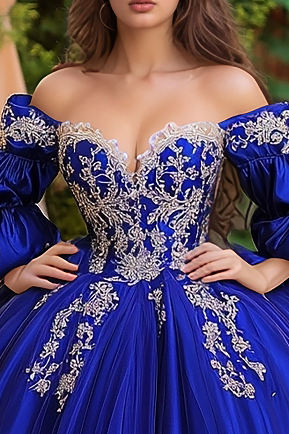 Royal Blue Off the Shoulder Long Sleeves Ball Gown Tulle Applique Quinceanera Dress 