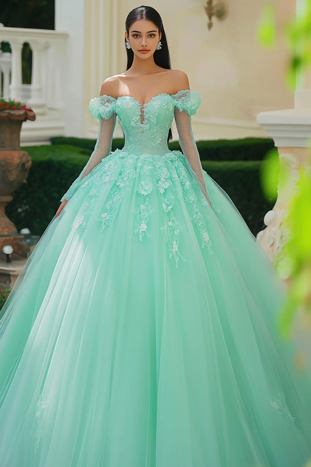 Mint Off the Shoulder Ball Gown Tulle Applique Quinceanera Dress 