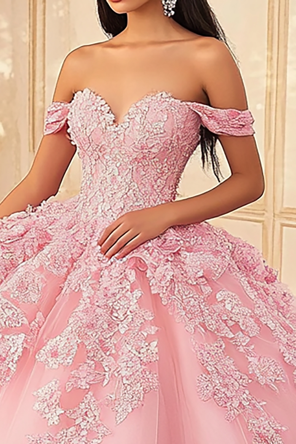 Hellymoon Women Floral Pink Princess Wedding Ball Gown Off the Shoulder Applique Tulle Corset Sweet 16 Dress