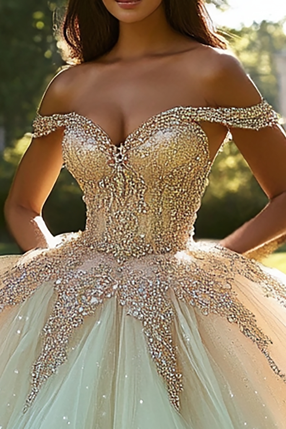 Sparkly Champagne Off the Shoulder Princess Applique Sequin Tulle Quinceanera Dress