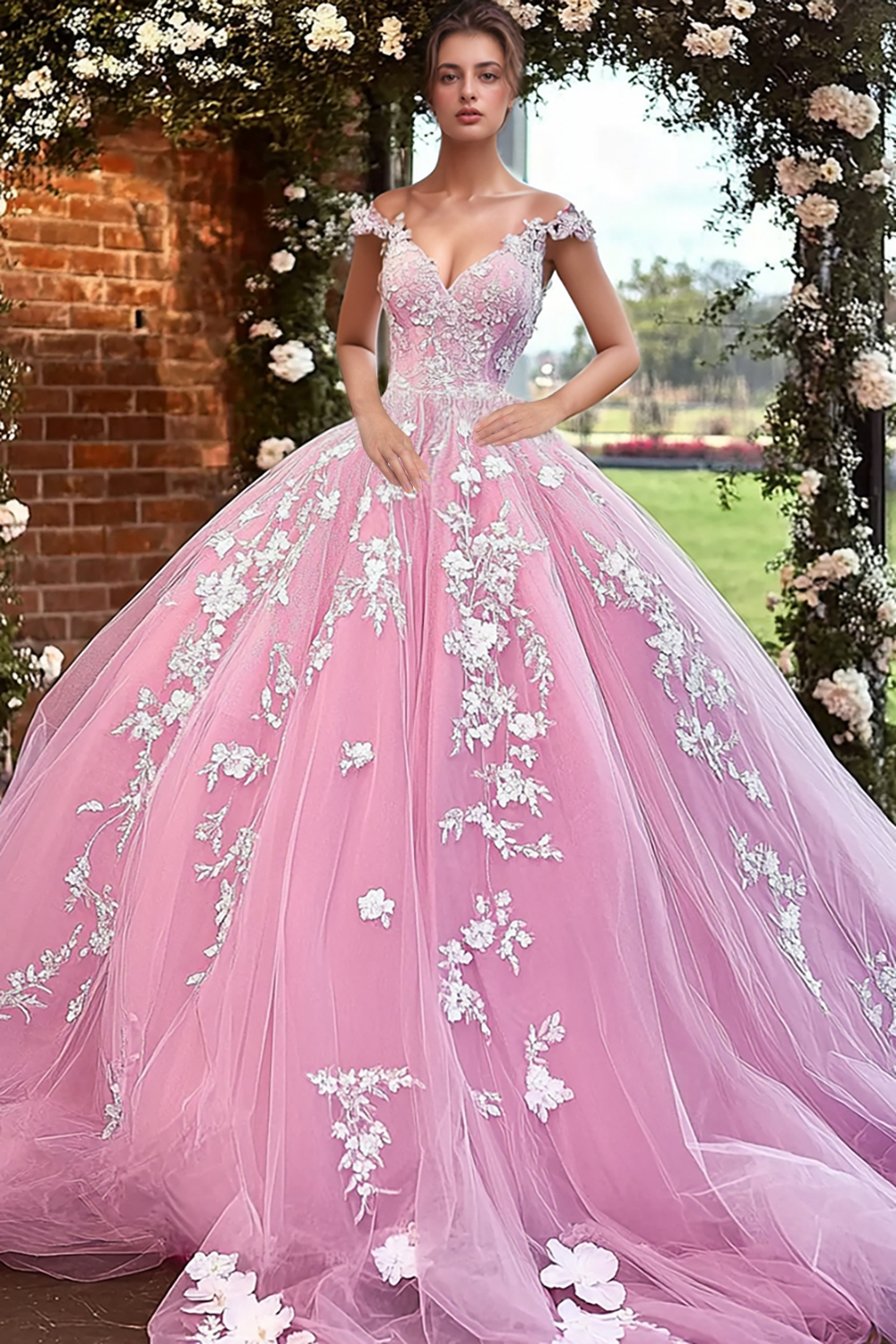 Pink Off the Shoulder Princess Tulle Quinceanera Dress with Appliques