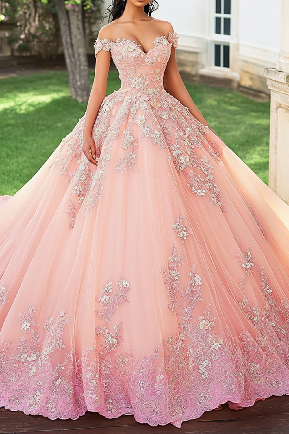 Blush Off the Shoulder Ball Gown Tulle Quinceanera Dress with Appliques