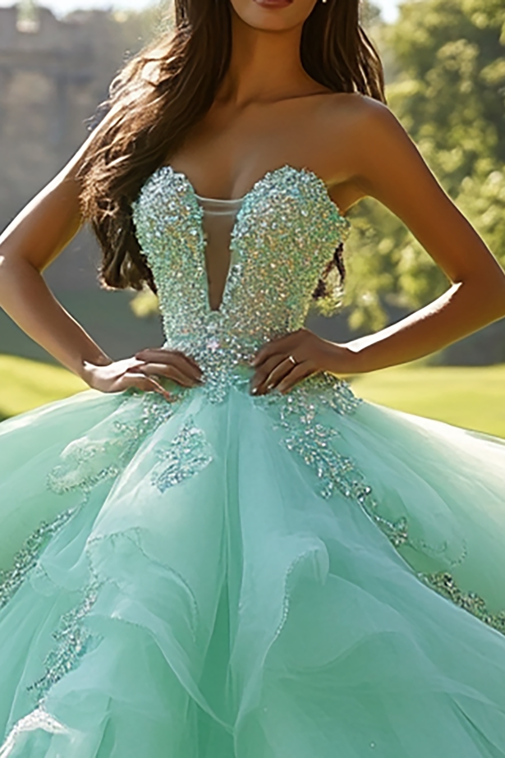 Mint Sweetheart Princess Applique Ruffled Tulle Quinceanera Dress