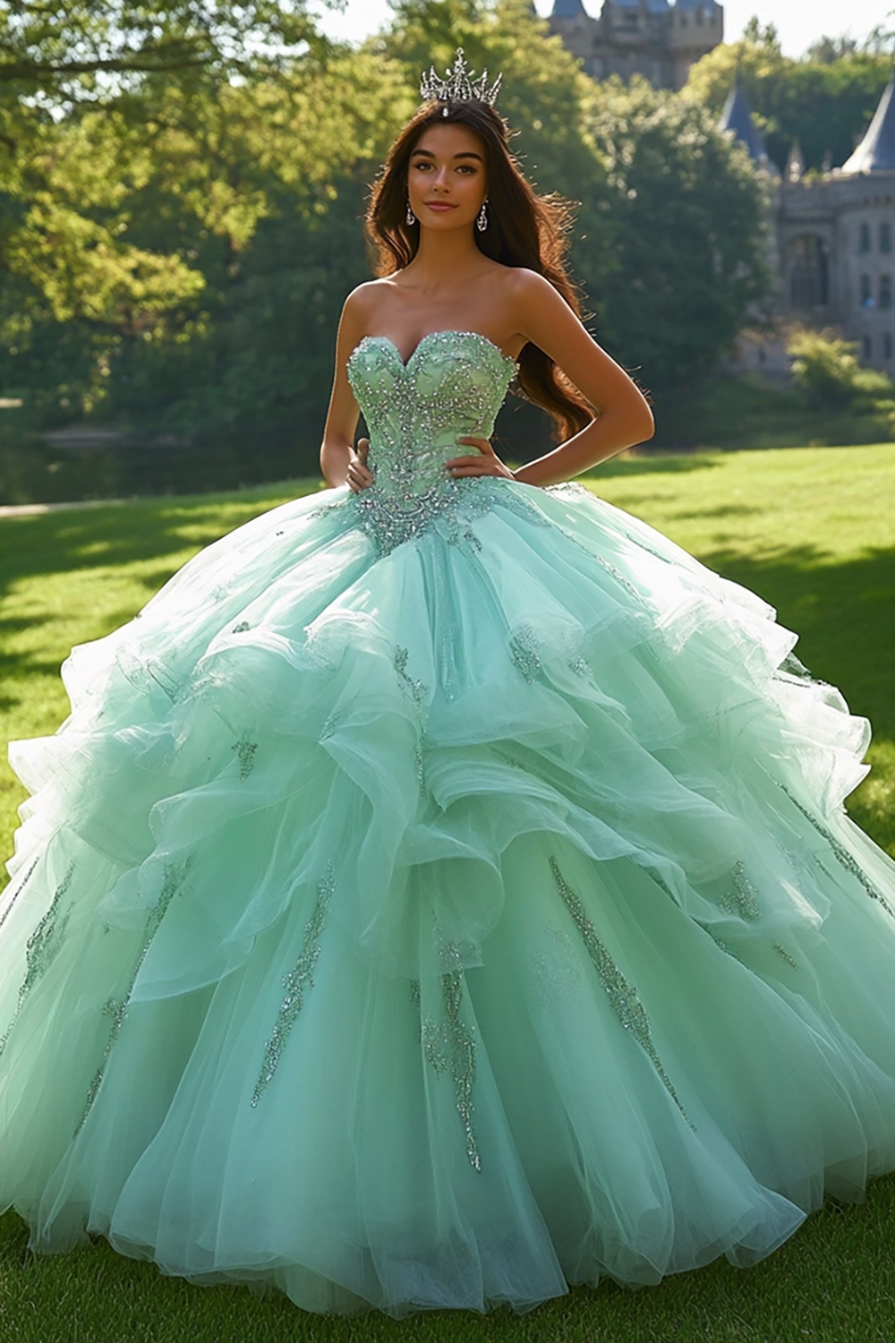 Mint Sweetheart Princess Sequin Applique Tulle Quinceanera Dress