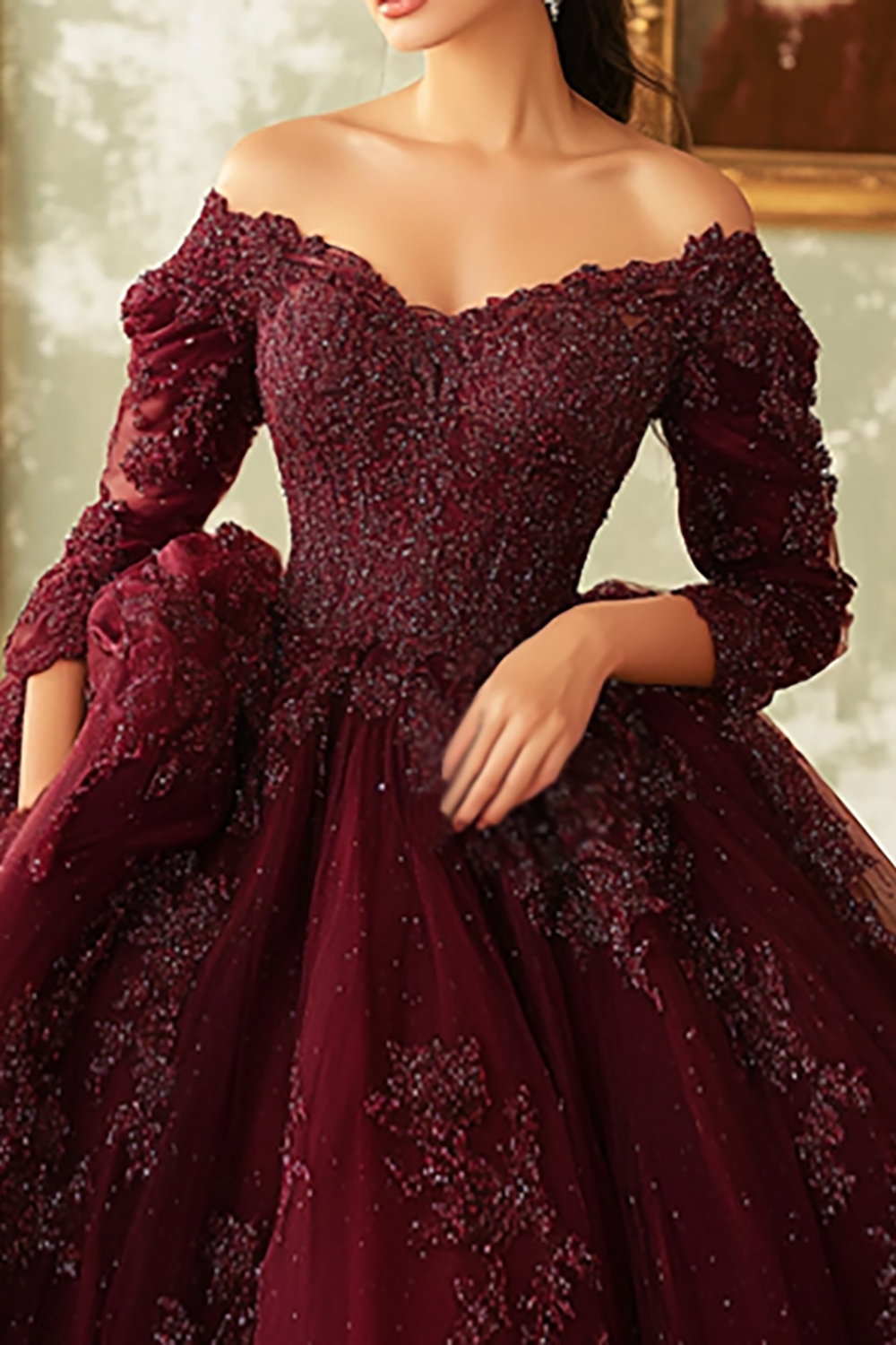 Sparkly Burgundy Off the Shoulder Princess Sequin Applique Tulle Quinceanera Dress with Long Sleeves